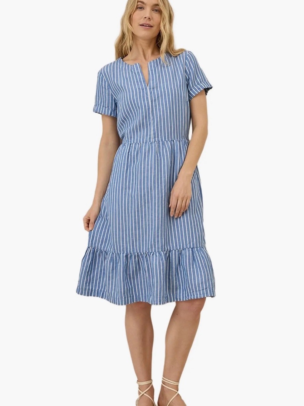Pact Blue and White Vertical Stripe Short Sleeve Tiered Dress- Size Small